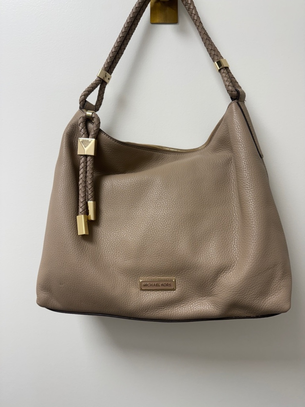 Michael Kors Taupe Pebbled Leather Hobo with Braided Strap